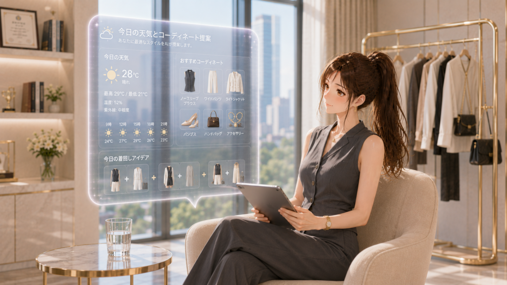 ハンガーラックの横でAIスタイリストの洋服管理ホログラムを見る女性