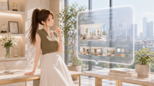 ローテーブルに寄りかかりAIインテリアが生成した3D家具配置のホログラムを確認する女性経営者
