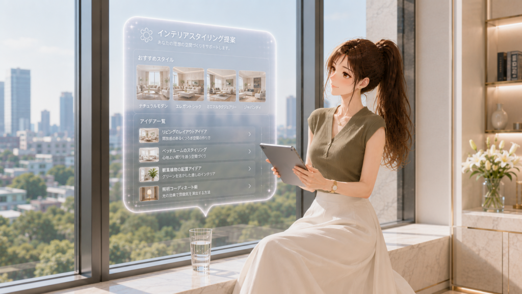 オフィスの窓枠に腰掛けてタブレットから浮かぶAIインテリアの提案ホログラムを見る女性