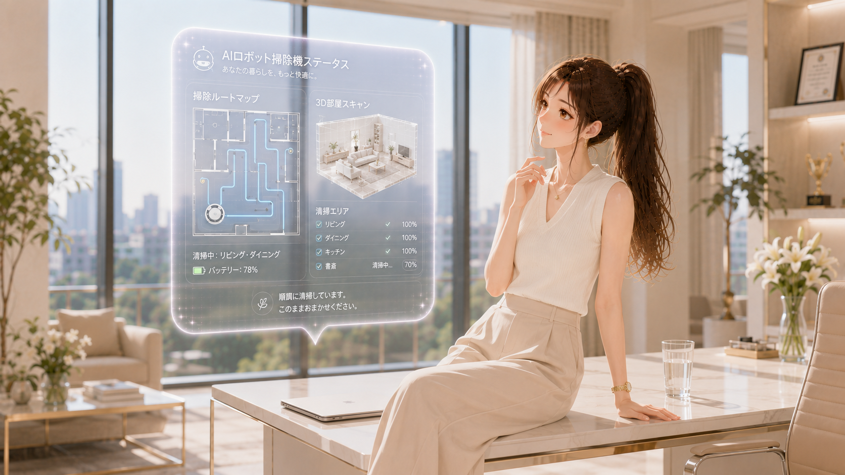 デスクに腰掛けAIロボット掃除機の自動マッピングホログラムを確認する女性