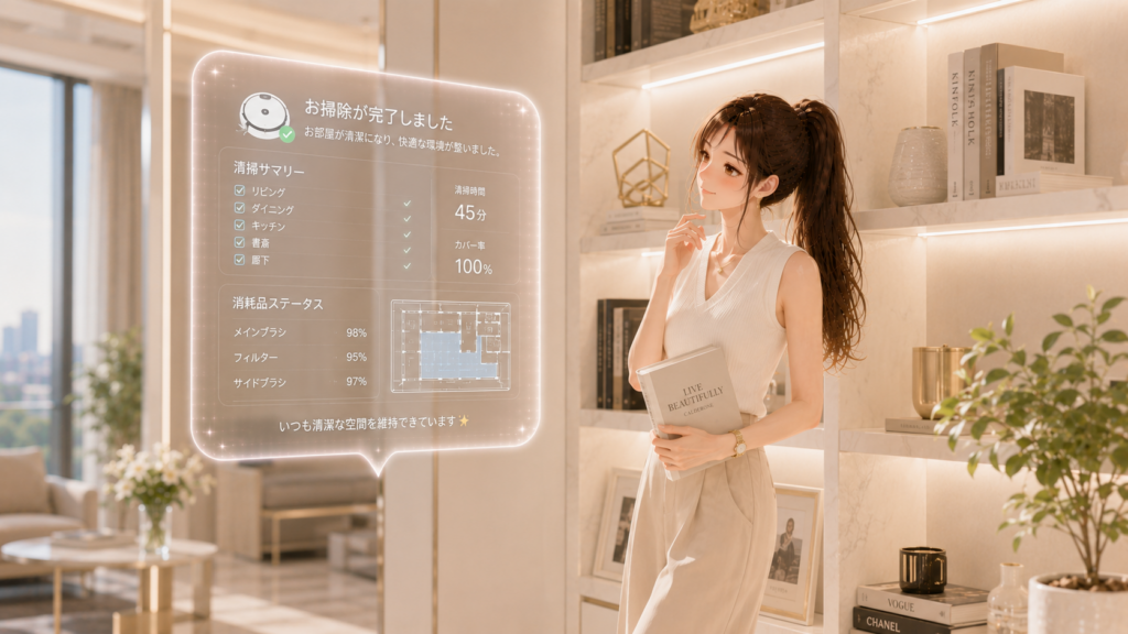 本棚の前でAI掃除機の完了通知ホログラムを見る女性
