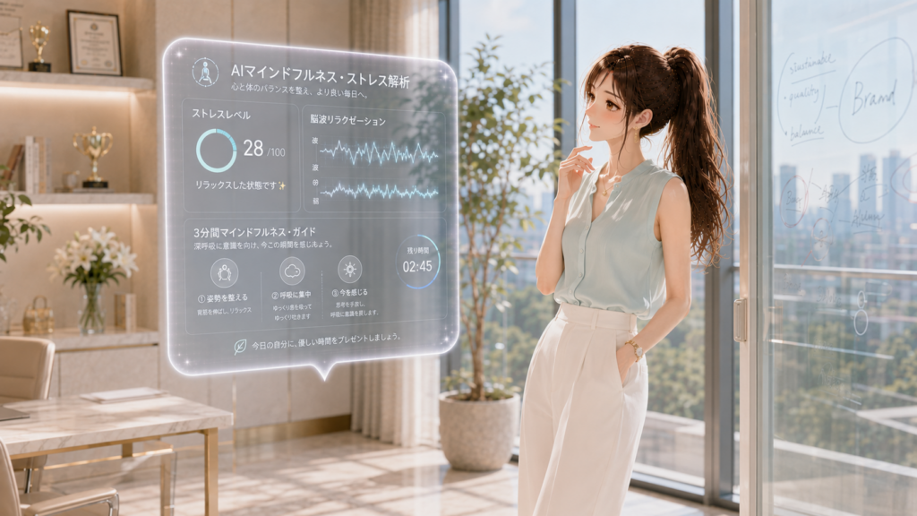 オフィスのガラスボード横でAIマインドフルネスの脳疲労解析ホログラムを確認するスレンダーな女性経営者