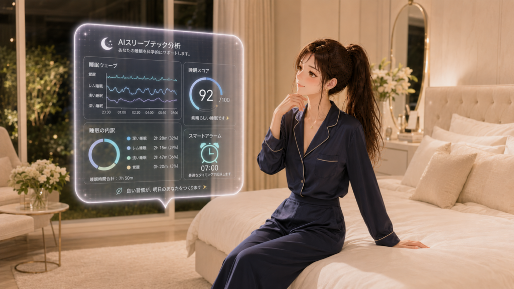 ベッドに腰掛けAIスリープテックが生成した睡眠解析のホログラム画面を確認する女性