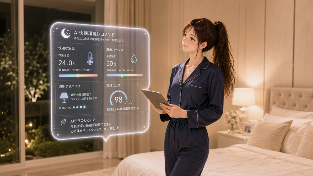 寝室でタブレットから浮かぶAIスリープテックの睡眠アドバイスホログラムを見る女性