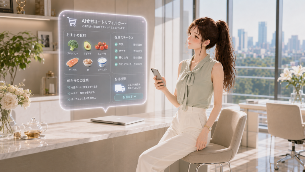 カウンターテーブルでAIネットスーパーの自動注文ホログラム画面を確認する女性