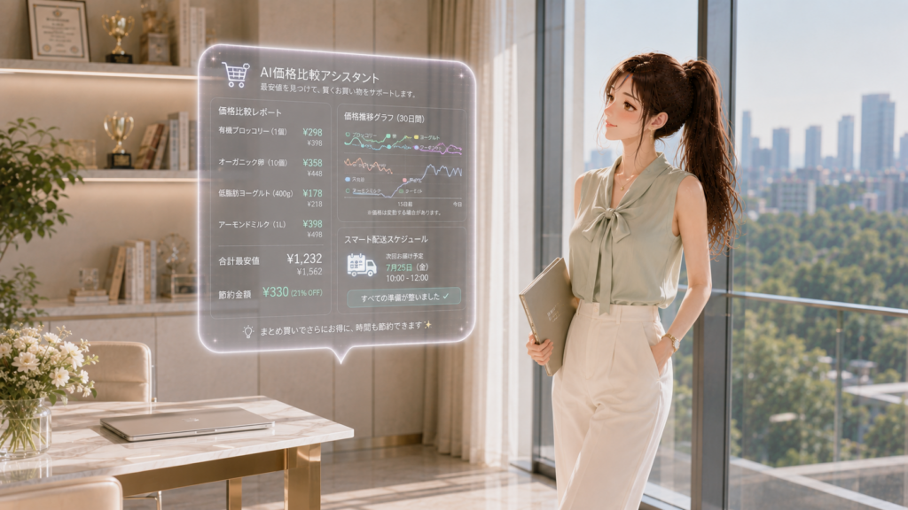 窓際で立ちながらAIネットスーパーの配達スケジュールホログラムを見る女性