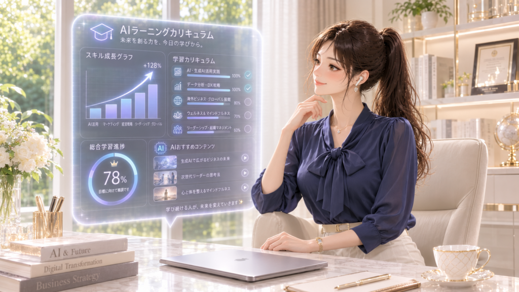 デスク上でAIチューターが作成した学習カリキュラムのホログラムを見る女性経営者