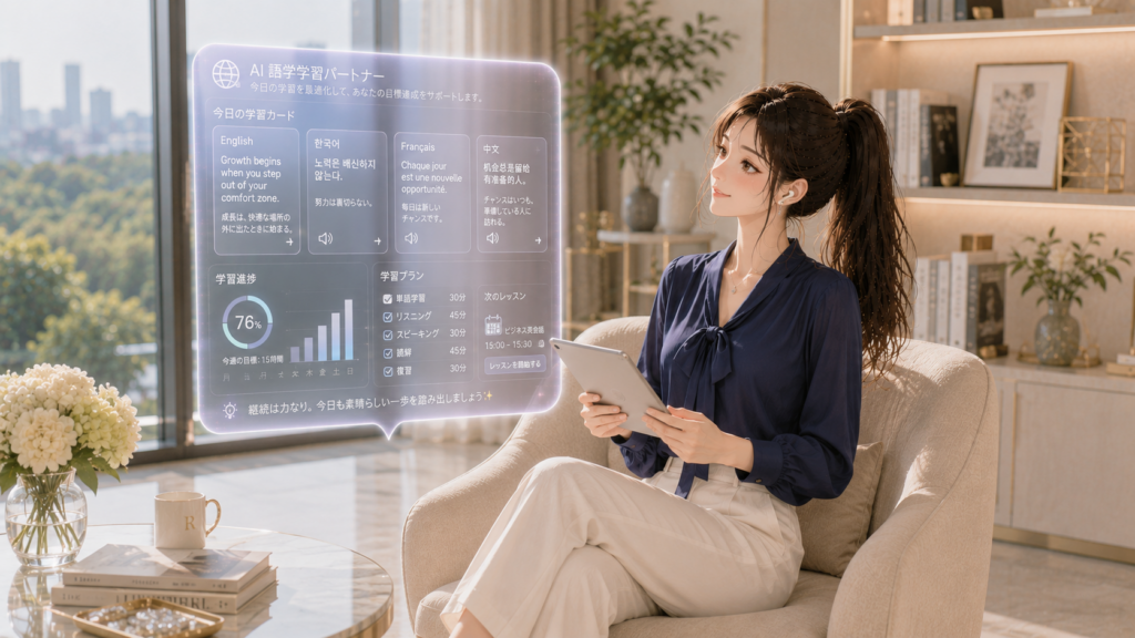 窓際のラウンジでタブレットから浮かぶAIチューターの語学カードを見る女性