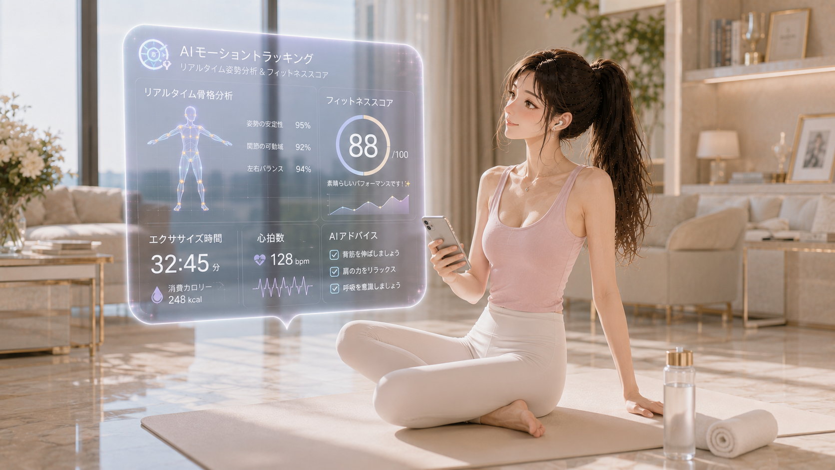 ヨガマットの上に優雅に座りAIパーソナルトレーナーのリアルタイム解析ホログラムを確認する女性