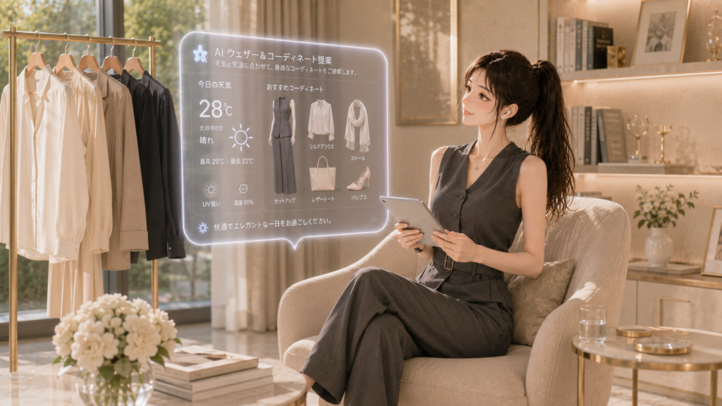 ンガーラックの横でAIスタイリストの洋服管理ホログラムを見る女性