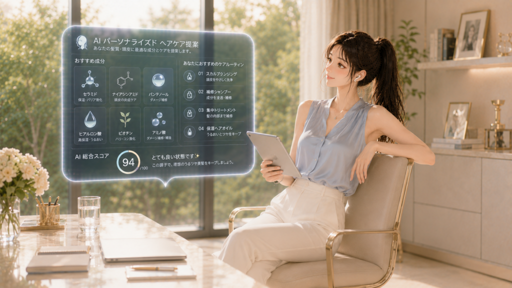 デスクチェアに座りAIヘアケアが提案する専用トリートメント成分のホログラムを見る女性