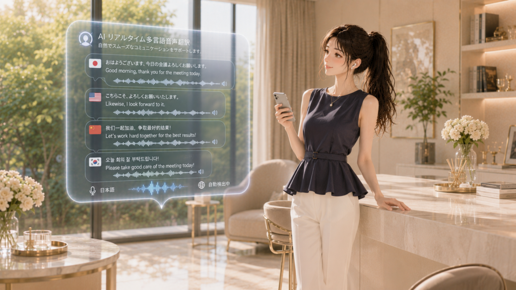 カフェ風カウンターの横に立ちAI自動翻訳の多言語会話ホログラムを確認する女性