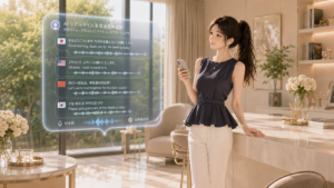 カフェ風カウンターの横に立ちAI自動翻訳の多言語会話ホログラムを確認する女性