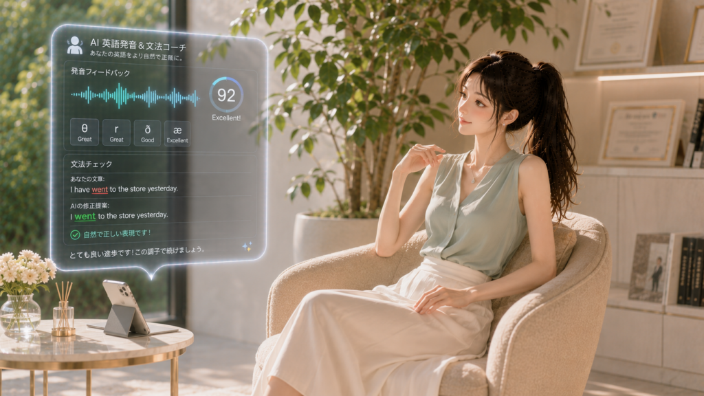 ラウンジチェアに深く腰掛けスマホスタンドから浮かぶAI英会話の発音フィードバックホログラムを見る女性