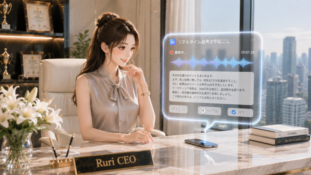 デスクに座りAI文字起こしのリアルタイム翻訳ホログラム画面を確認する女性