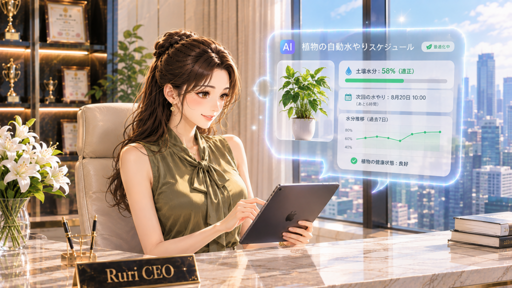 デスクの椅子に座りタブレットから浮かぶAI水やりスケジュールのホログラムを見る女性
