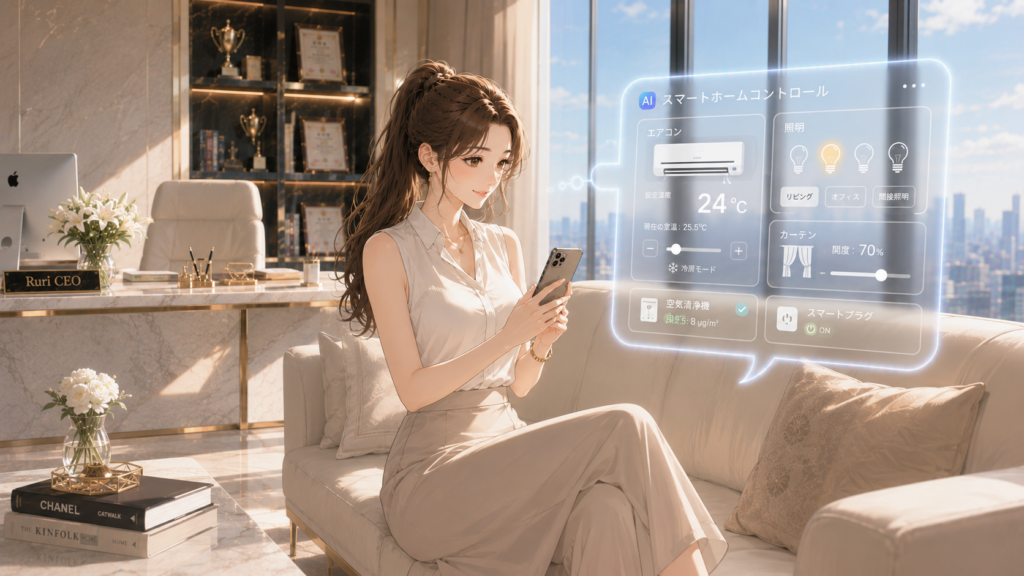 ソファに座りAIスマートホームの家電操作ホログラム画面を確認する女性