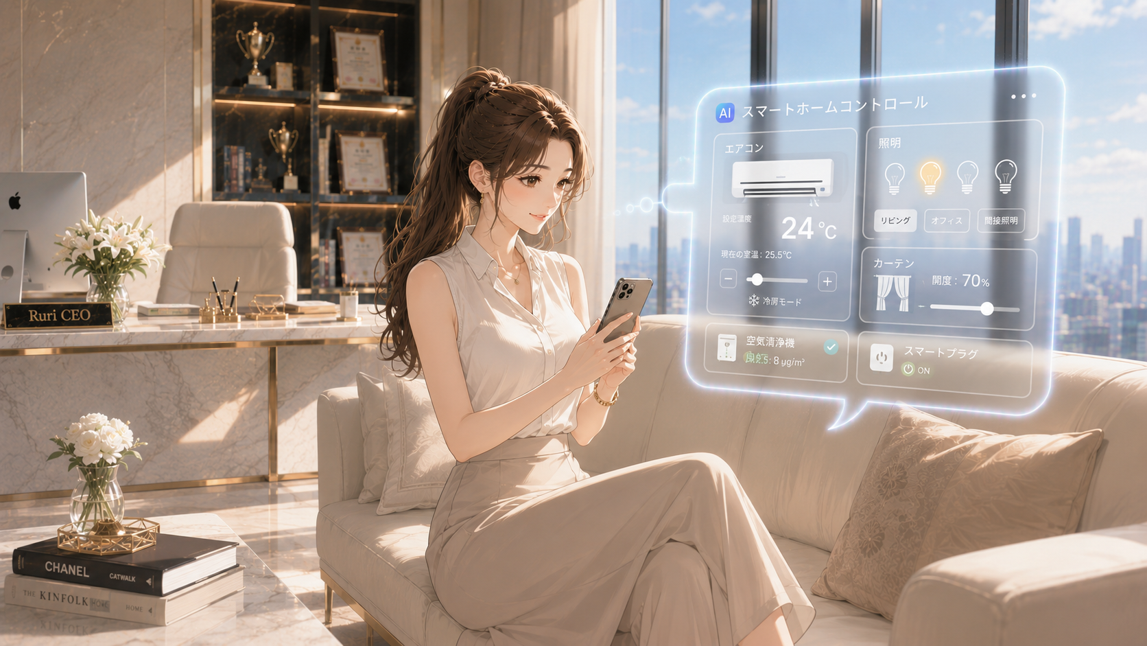 ソファに座りAIスマートホームの家電操作ホログラム画面を確認する女性