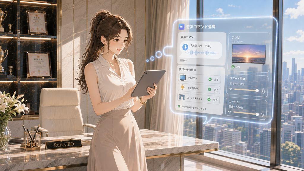 デスクの横に立ちタブレットから浮かぶAIスマート家電連携のホログラムを見る女性