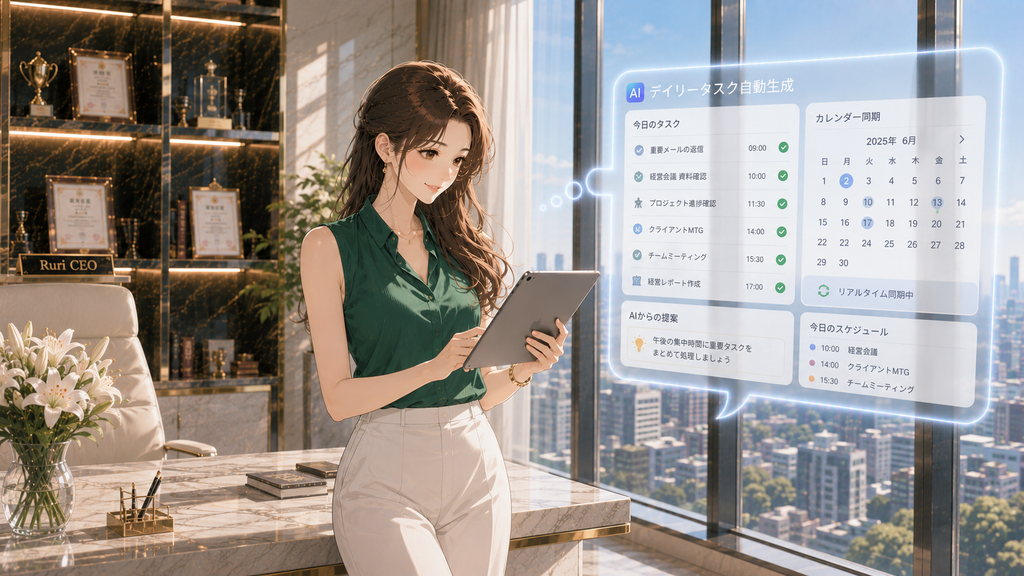窓際に立ちタブレットから浮かぶAIカレンダーのタスク管理ホログラムを見る女性