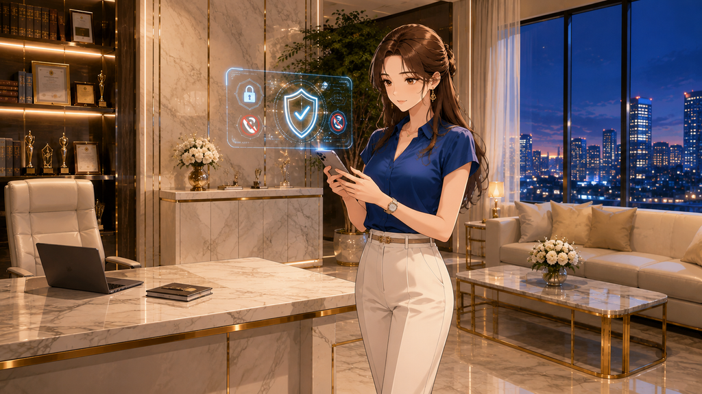 迷惑電話対策の着信ブロック設定をスマートフォンで確認する女性