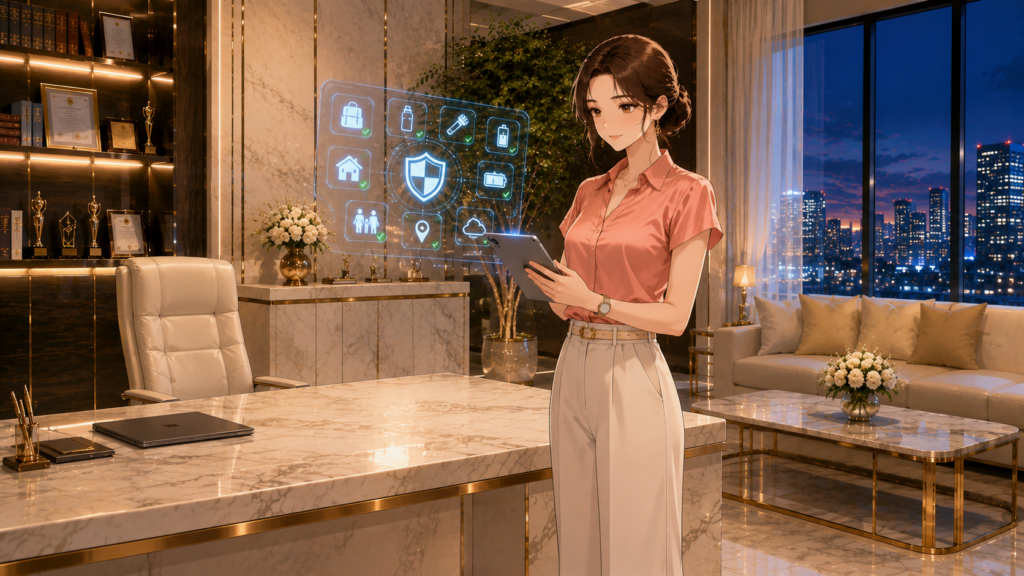 AI防災チェックリストをタブレットで確認する女性経営者