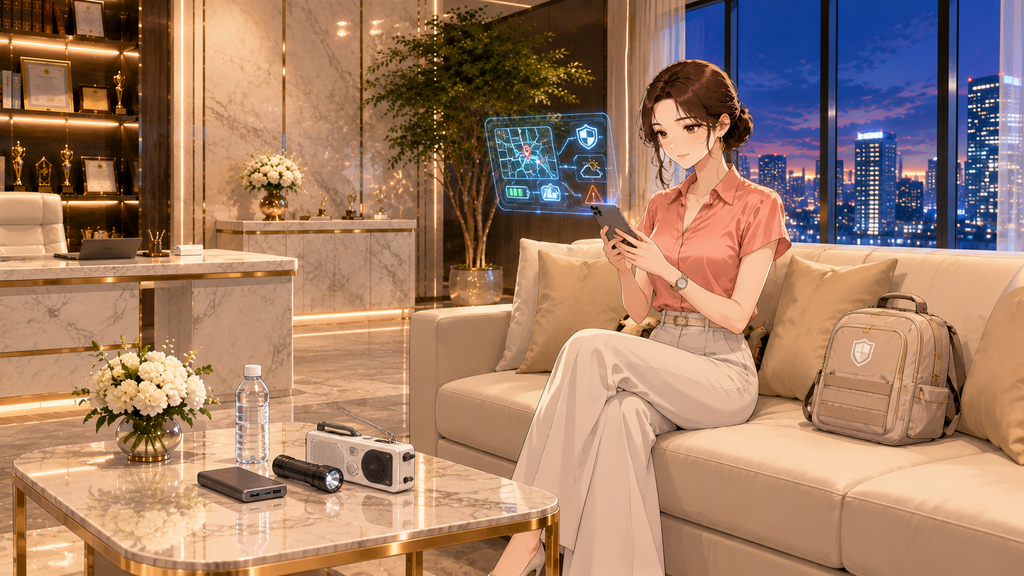 AI防災とスマホ防災に備えてモバイルバッテリーや防災用品を確認する女性