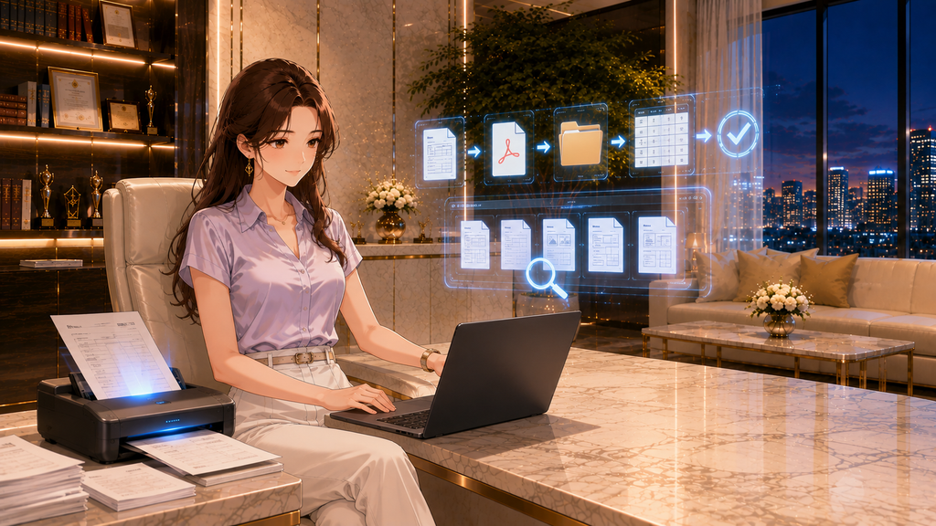 AI OCRでスキャンした書類を検索可能なPDFや表データへ整理する女性