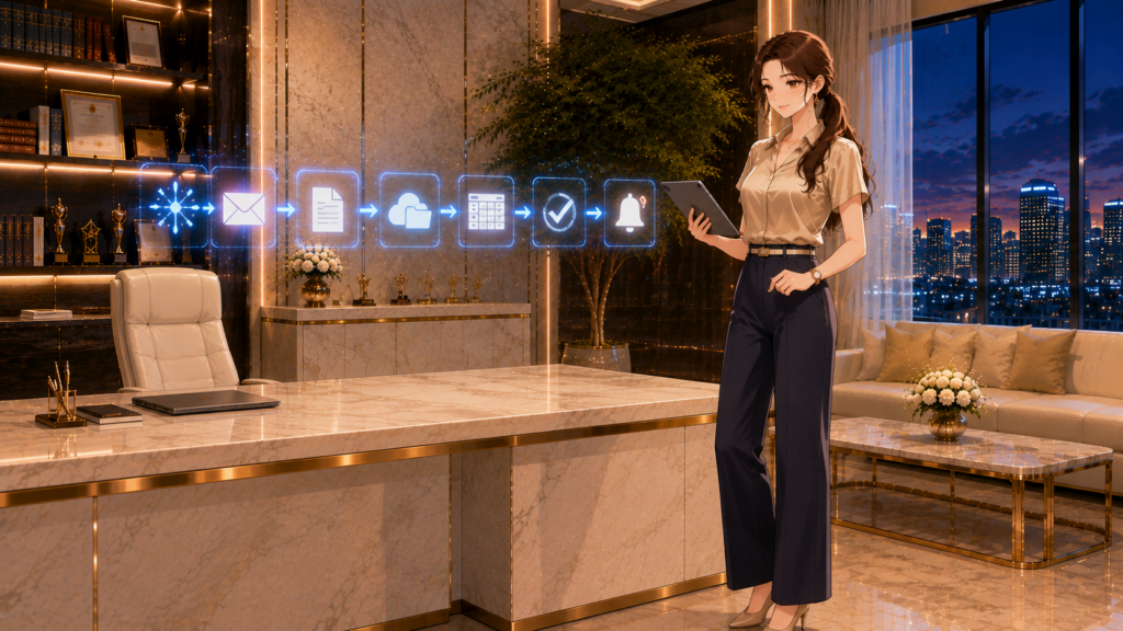 Power Automate自動化でメール・ファイル保存・Excel記録・通知を一括処理する女性