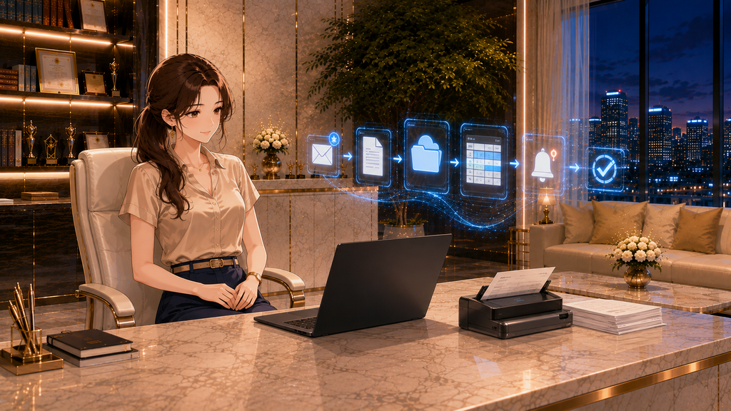 Power Automate自動化で受信メールの添付保存からExcelへの記録まで自動処理する女性