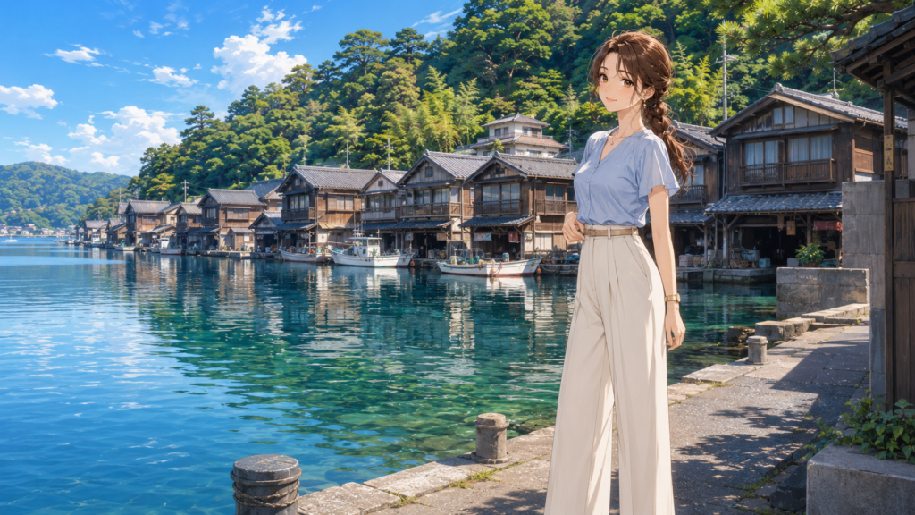 伊根の舟屋の絶景と暮らしを感じる海辺で微笑む上品な女性