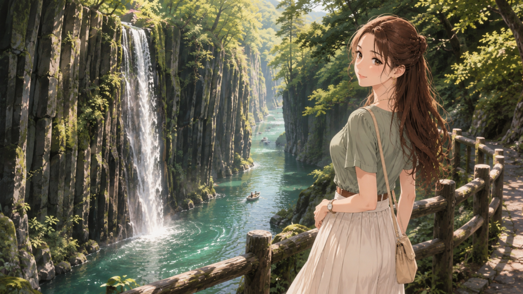 高千穂峡の絶景と真名井の滝を眺める上品な女性