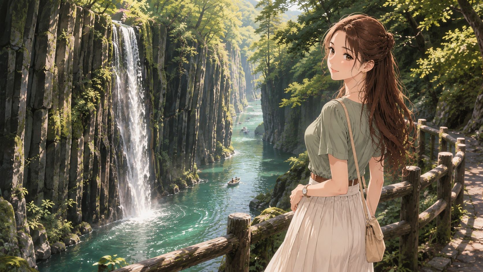 高千穂峡の絶景と真名井の滝を眺める上品な女性