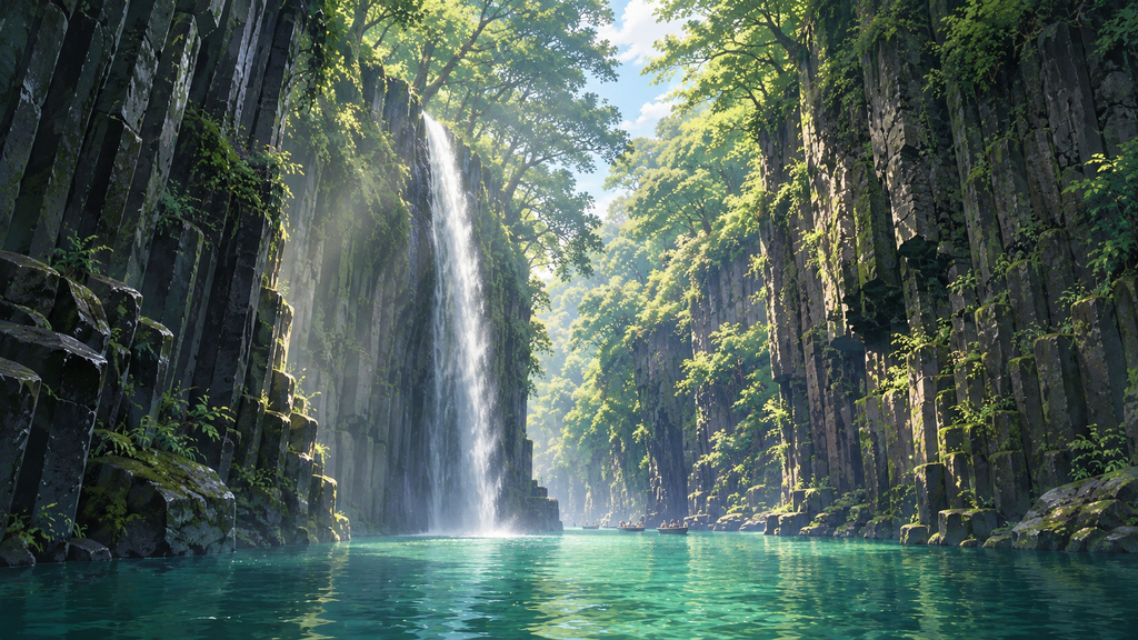 高千穂峡の絶景・真名井の滝と柱状節理を水面から眺める風景