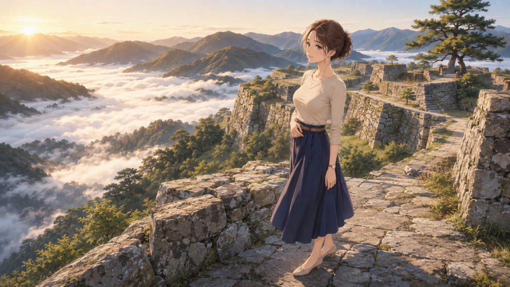 竹田城跡の雲海を眺める天空の城と上品な女性