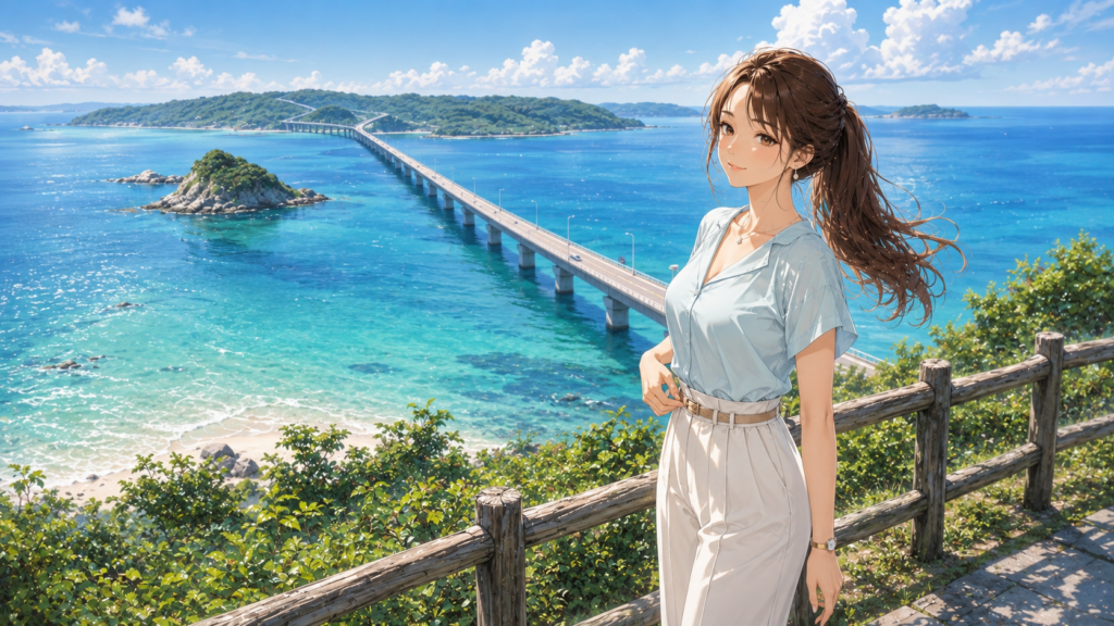 角島大橋の絶景とコバルトブルーの海を眺める上品な女性