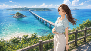 角島大橋の絶景とコバルトブルーの海を眺める上品な女性