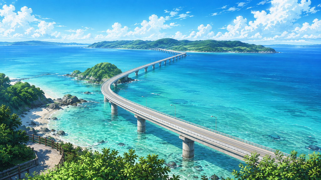 角島大橋の絶景と透明なコバルトブルーの海を見渡す風景