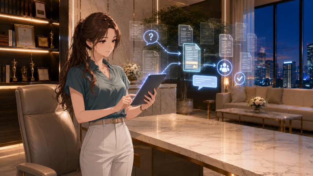 AI社内FAQで社内マニュアルから必要な業務情報を検索する女性経営者