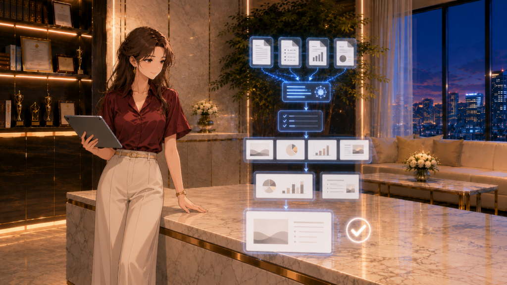 AIプレゼン資料作成でWordやExcelの情報からPowerPoint資料を作る女性経営者