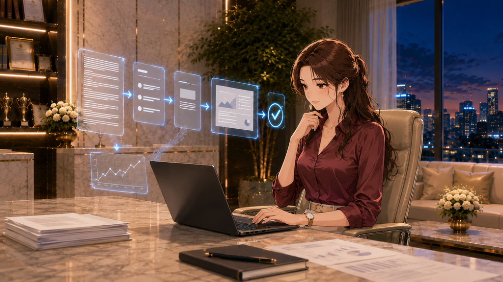 AIプレゼン資料作成で長い文章を要約し見やすいPowerPointへ整理する女性