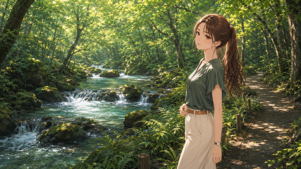 奥入瀬渓流の絶景と苔むす清流を楽しむ上品な女性