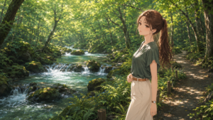 奥入瀬渓流の絶景と苔むす清流を楽しむ上品な女性