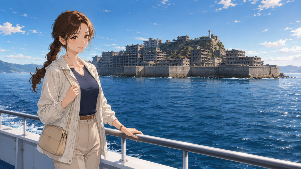 軍艦島の世界遺産と歴史を船上から眺める上品な女性