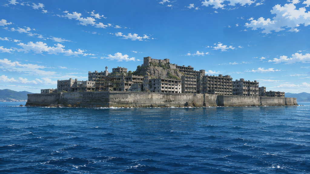 軍艦島の世界遺産と歴史を伝える端島の廃墟群と海上の全景