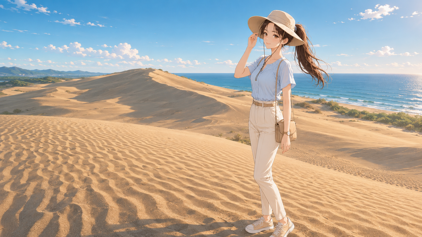 鳥取砂丘の絶景と風紋を日本海を背景に楽しむ上品な女性