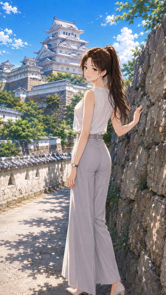 姫路城の歴史と絶景を楽しむ、上品な女性の姿