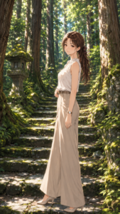 熊野古道の歴史ある石畳を歩く、上品な女性の姿