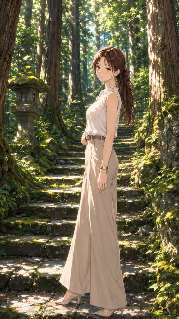 熊野古道の歴史ある石畳を歩く、上品な女性の姿