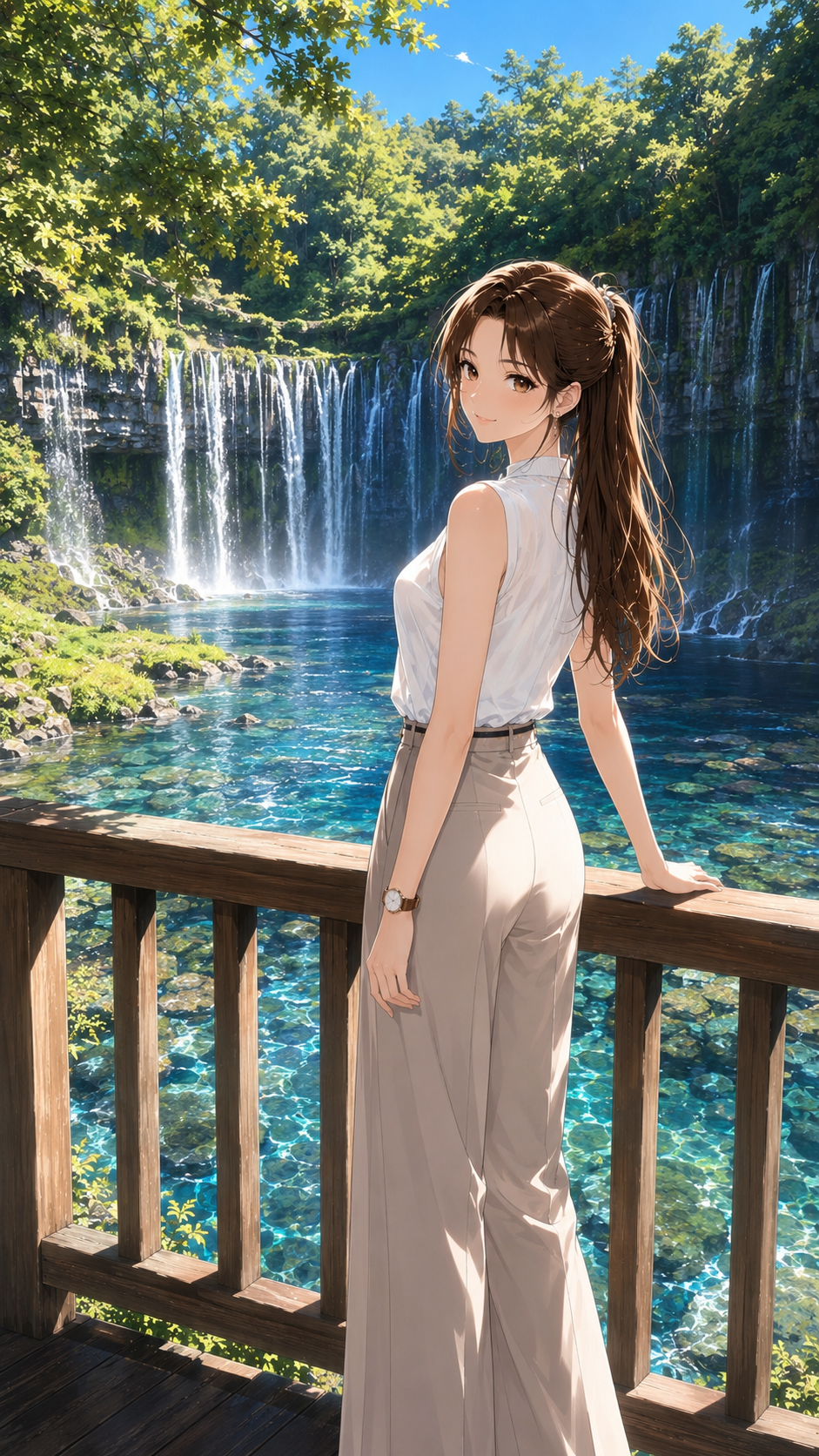 白糸の滝の歴史と絶景を楽しむ、上品な女性の姿